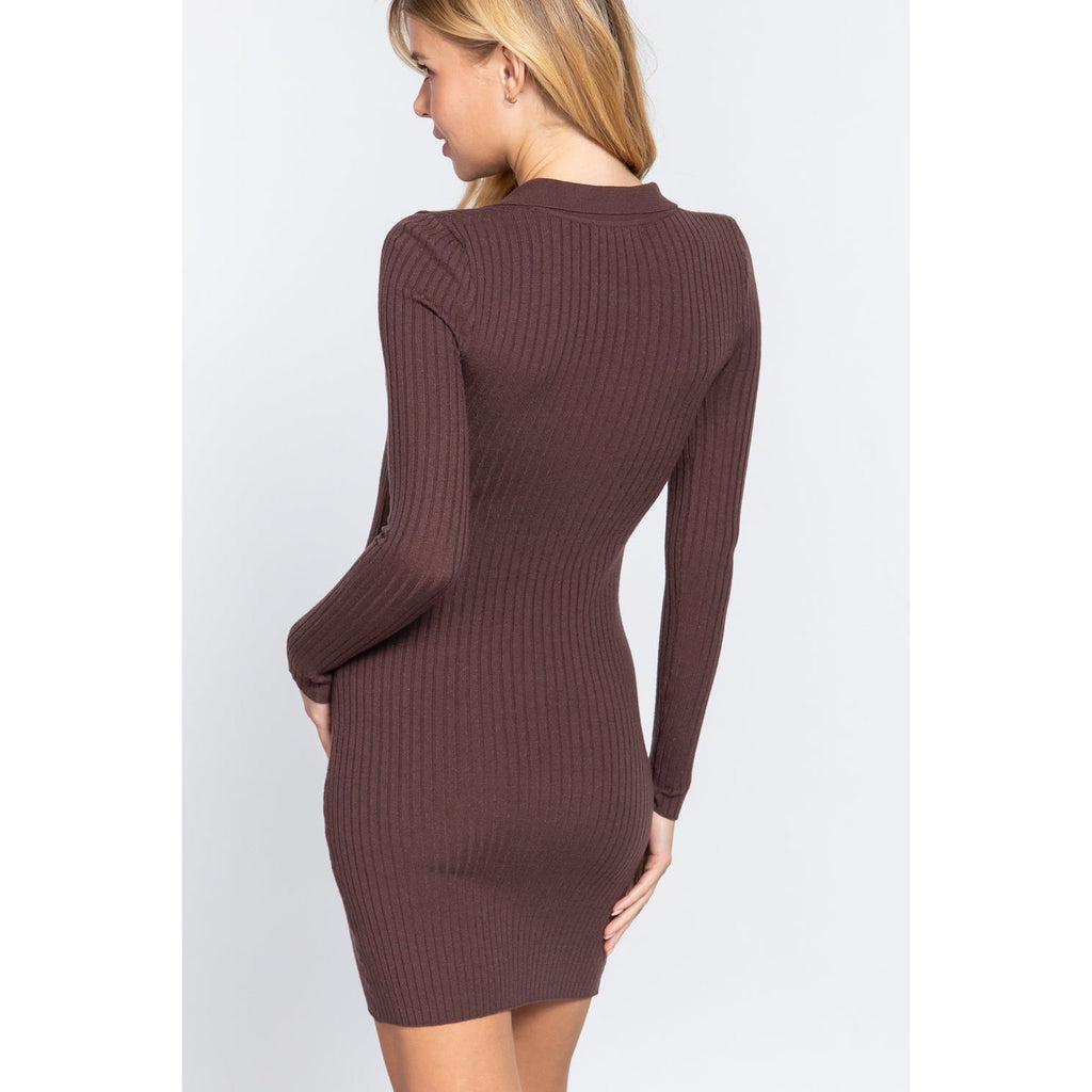 Long Slv V-neck Sweater Rib Mini Dress-NXTLVLNYC