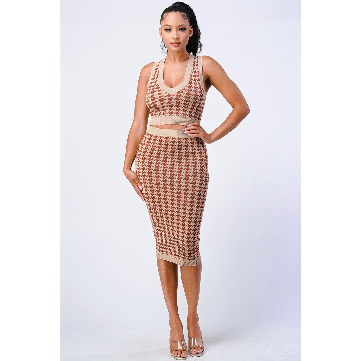 Luxe Gingham Rib Knit Top And Skirt Sets-NXTLVLNYC
