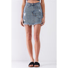 Medium Blue Denim High-waist Distressed Effect Asymmetrical Trim Raw Hem Detail Mini Skirt-NXTLVLNYC