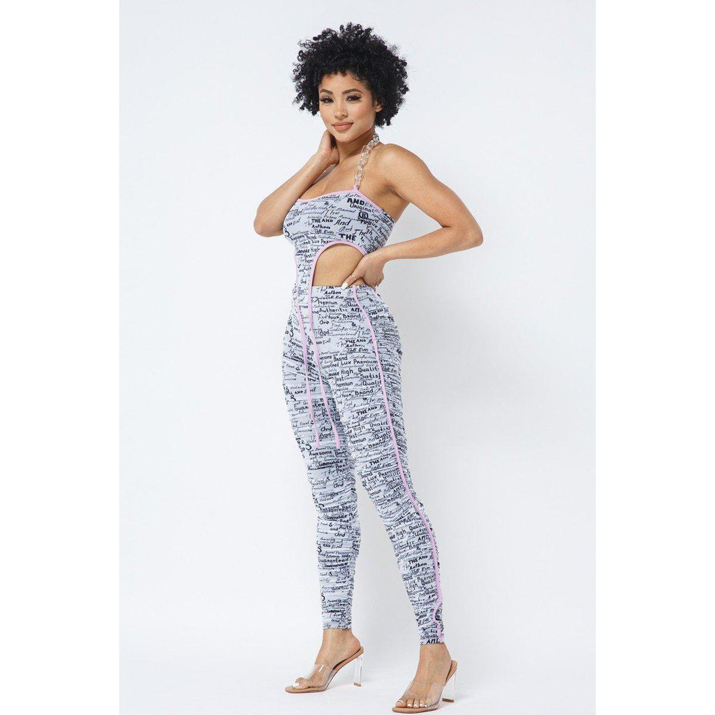 Mesh Print Crop Top With Plastic Chain Halter Neck With Matching Leggings-Pant Top Sets-NXTLVLNYC