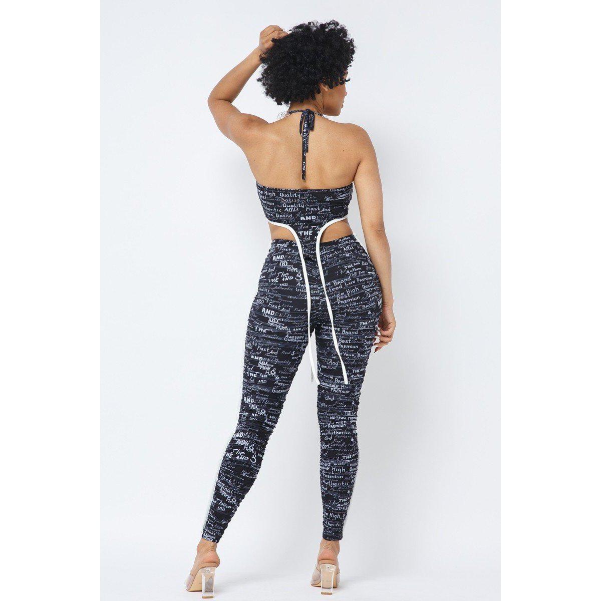 Mesh Print Crop Top With Plastic Chain Halter Neck With Matching Leggings-Pant Top Sets-NXTLVLNYC