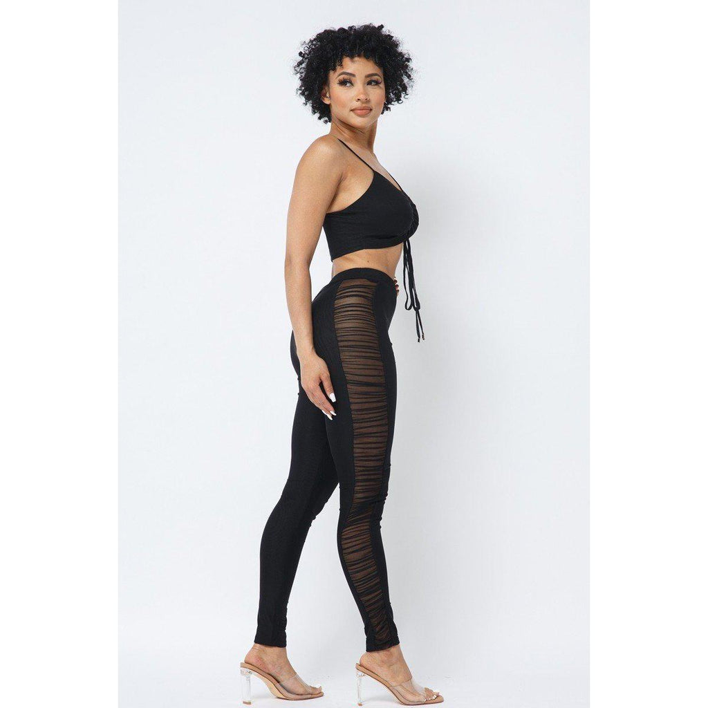 Mesh Strappy Adjustable Ruched Crop Top With Matching See Through Side Panel Leggings-Pant Top Sets-NXTLVLNYC