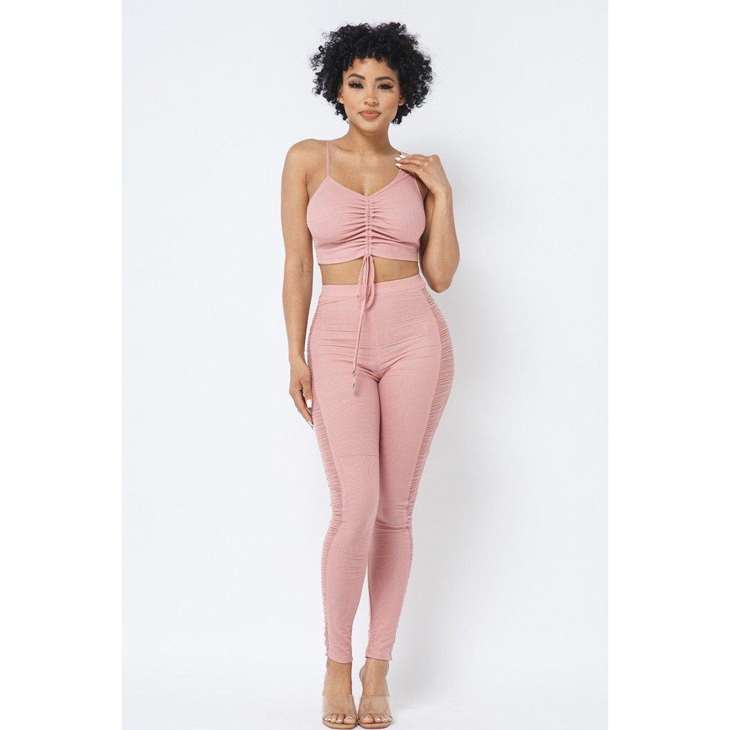 Mesh Strappy Adjustable Ruched Crop Top With Matching See Through Side Panel Leggings-Pant Top Sets-NXTLVLNYC