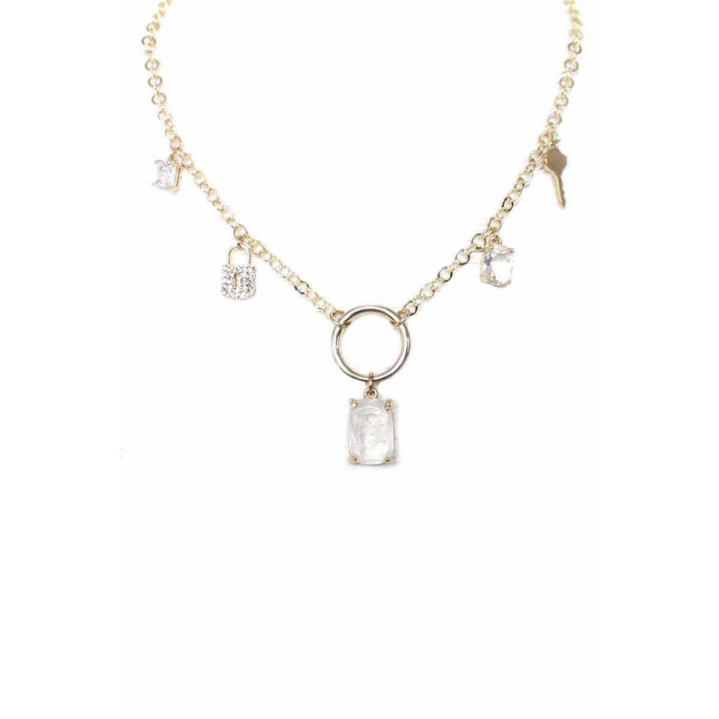 Metal Chain Crystal Stone Lock And Key Dangle Necklace-NXTLVLNYC