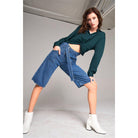 Mid Blue Denim Front Cut-out High-waist Buckle Self-tie Belt Detail Midi Flare Jean Pants-Women's Fashion - Women's Clothing - Bottoms - Pants & Capris-NXTLVLNYC
