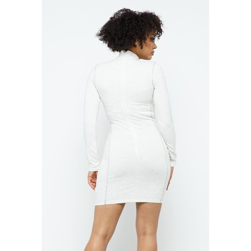 Mock Neck Long Sleeve Bodycon Mini W Bustier Detail And Stitching-Dresses-NXTLVLNYC
