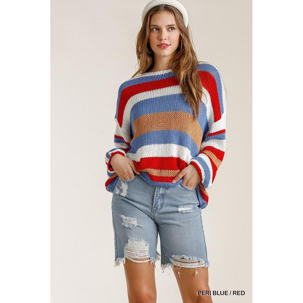 Multicolored Stripe Round Neck Long Sleeve Knit Sweater-Clothing Sweaters-NXTLVLNYC
