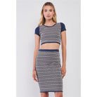 Navy & White Geometrical Pattern Short Sleeve Crop Top & High-waisted Pencil Skirt Two Piece Set-Clothing Dresses-NXTLVLNYC