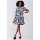 Navy & White Multi Print Round Neck 3/4 Sleeve A-line Mini Dress-Dresses-NXTLVLNYC