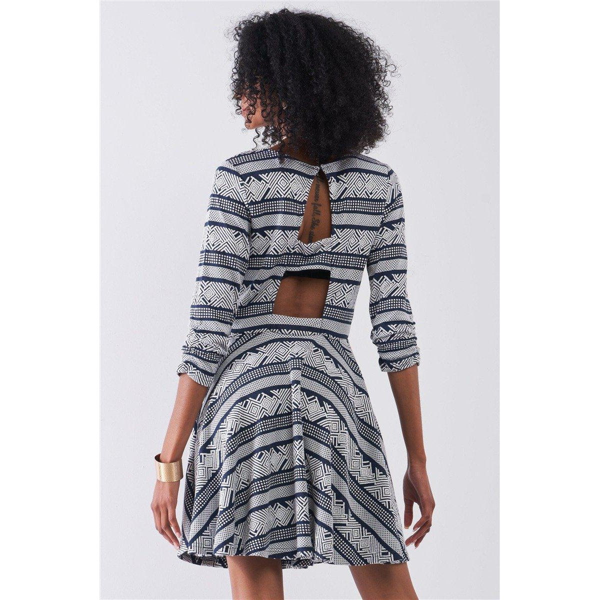 Navy & White Multi Print Round Neck 3/4 Sleeve A-line Mini Dress-Dresses-NXTLVLNYC