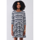 Navy & White Multi Print Round Neck 3/4 Sleeve A-line Mini Dress-Dresses-NXTLVLNYC