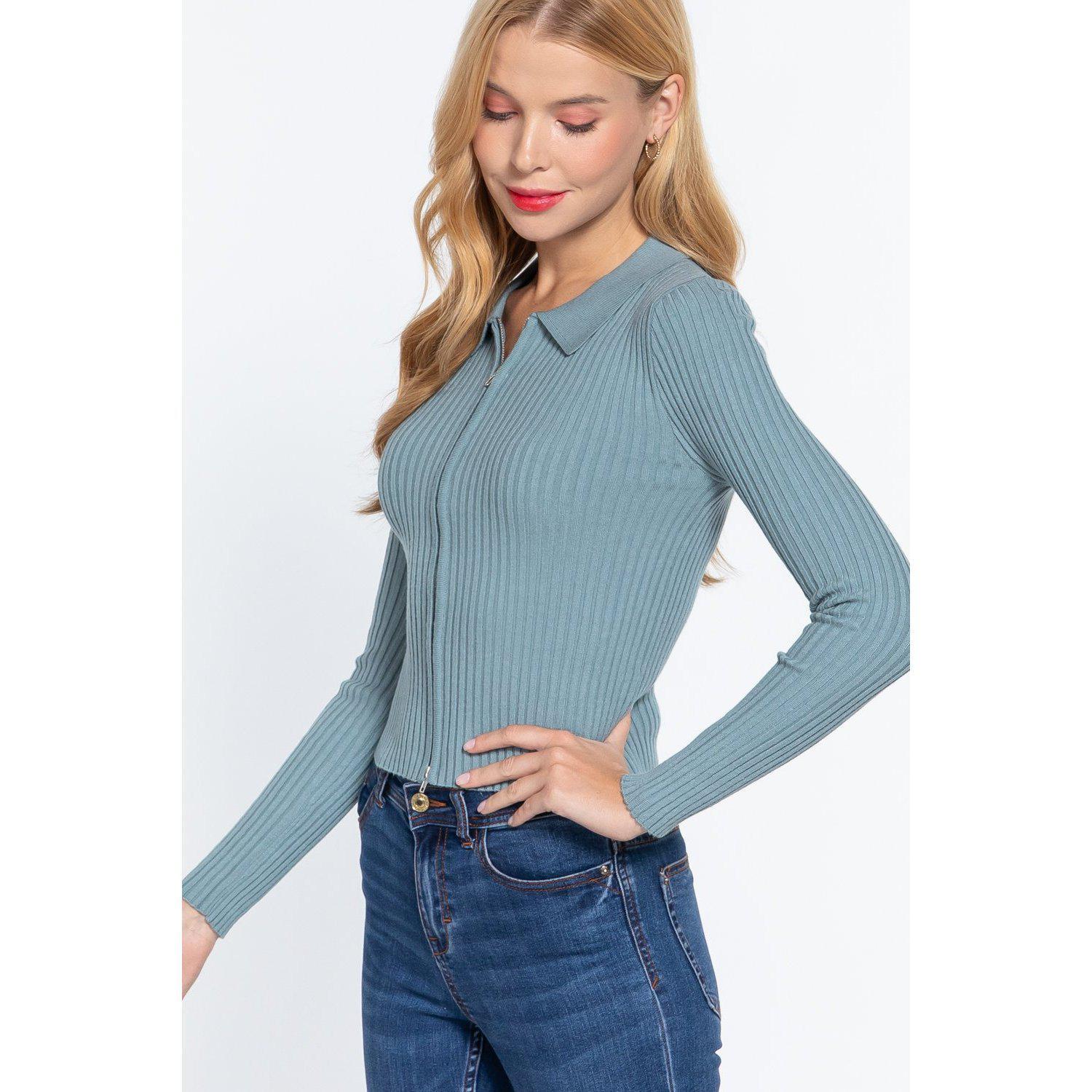 Notched Collar Zippered Sweater-Clothing Sweaters-NXTLVLNYC