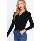 Notched Collar Zippered Sweater-Clothing Sweaters-NXTLVLNYC