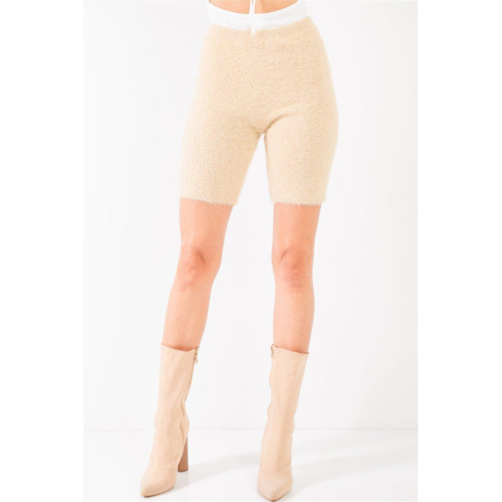 Oatmeal Beige Knit High Waist Stretchy Warm Fuzzy Biker Shorts-SHORTS-NXTLVLNYC