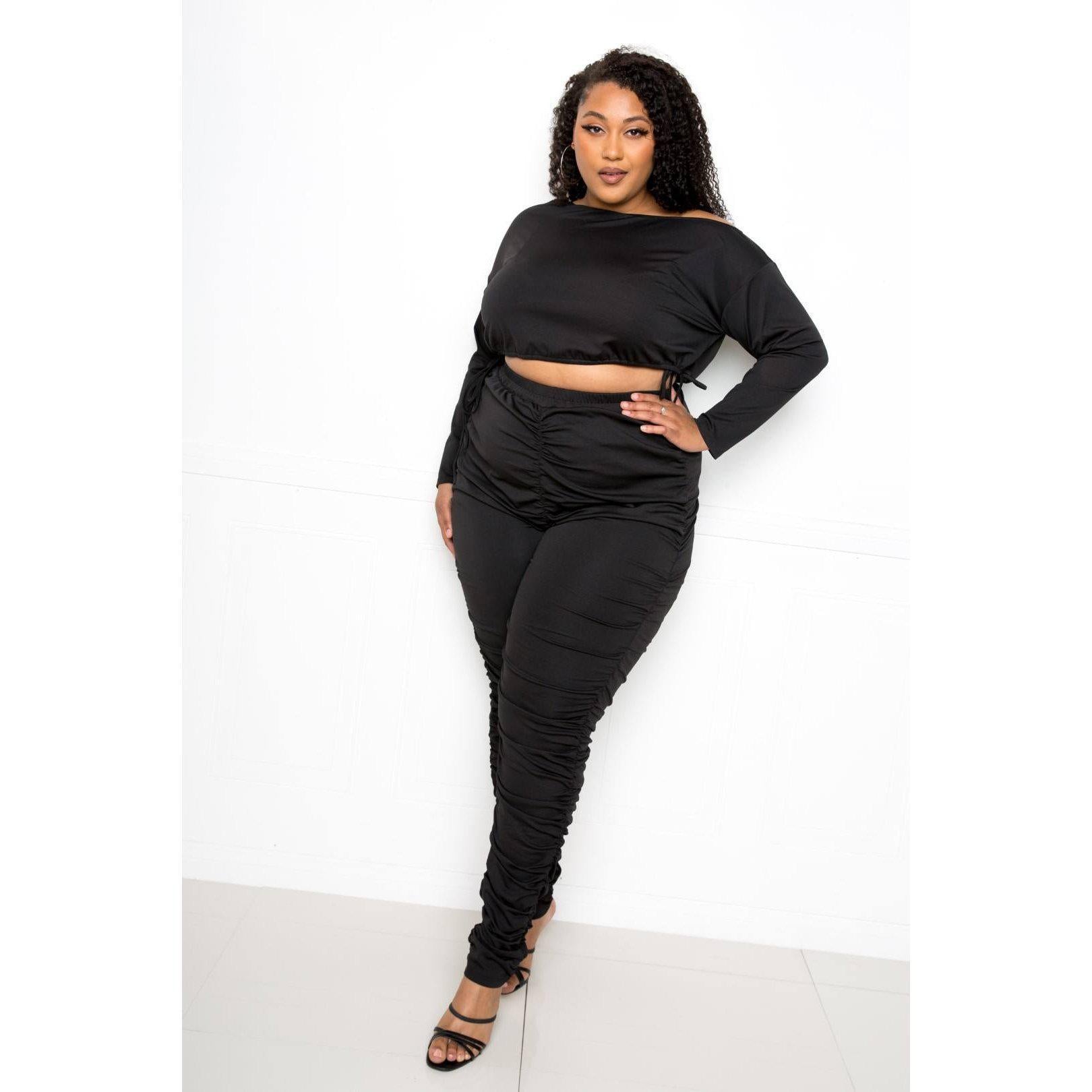 Off Shoulder Cropped Top And Ruched Leggings Sets-Pant Top Sets-NXTLVLNYC