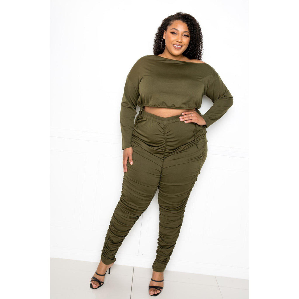 Off Shoulder Cropped Top And Ruched Leggings Sets-Pant Top Sets-NXTLVLNYC