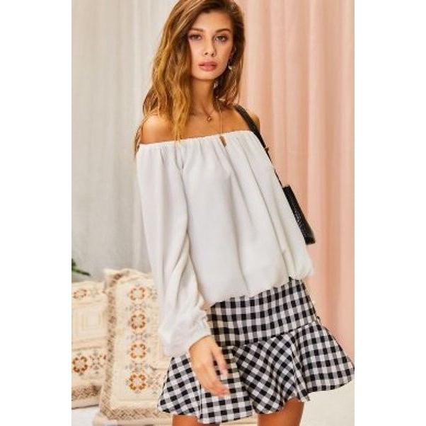 Off Shoulder Long Bubble Sleeve Solid Top-Clothing Tops-NXTLVLNYC