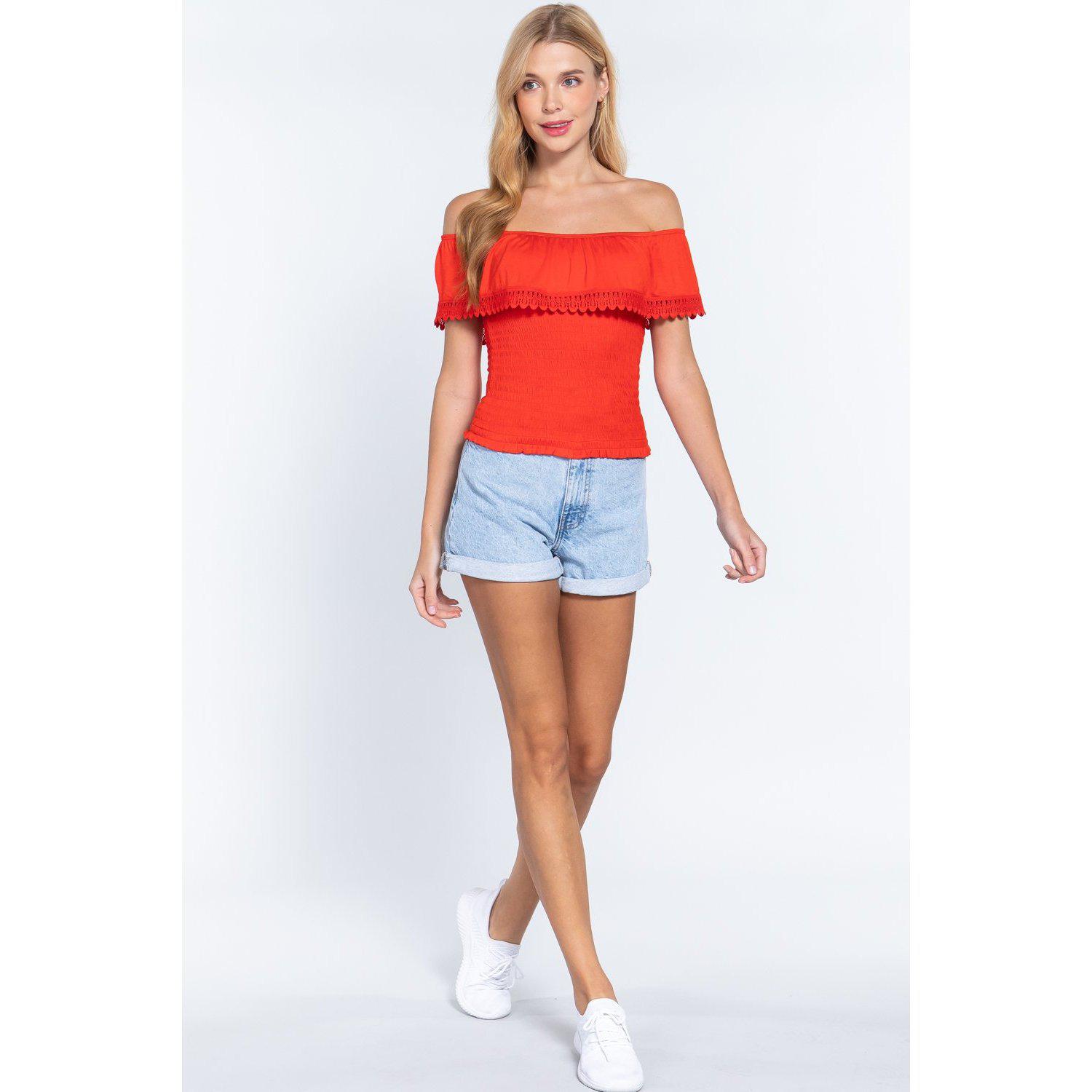 Off Shoulder W/lace Smocked Top-Clothing Tops-NXTLVLNYC