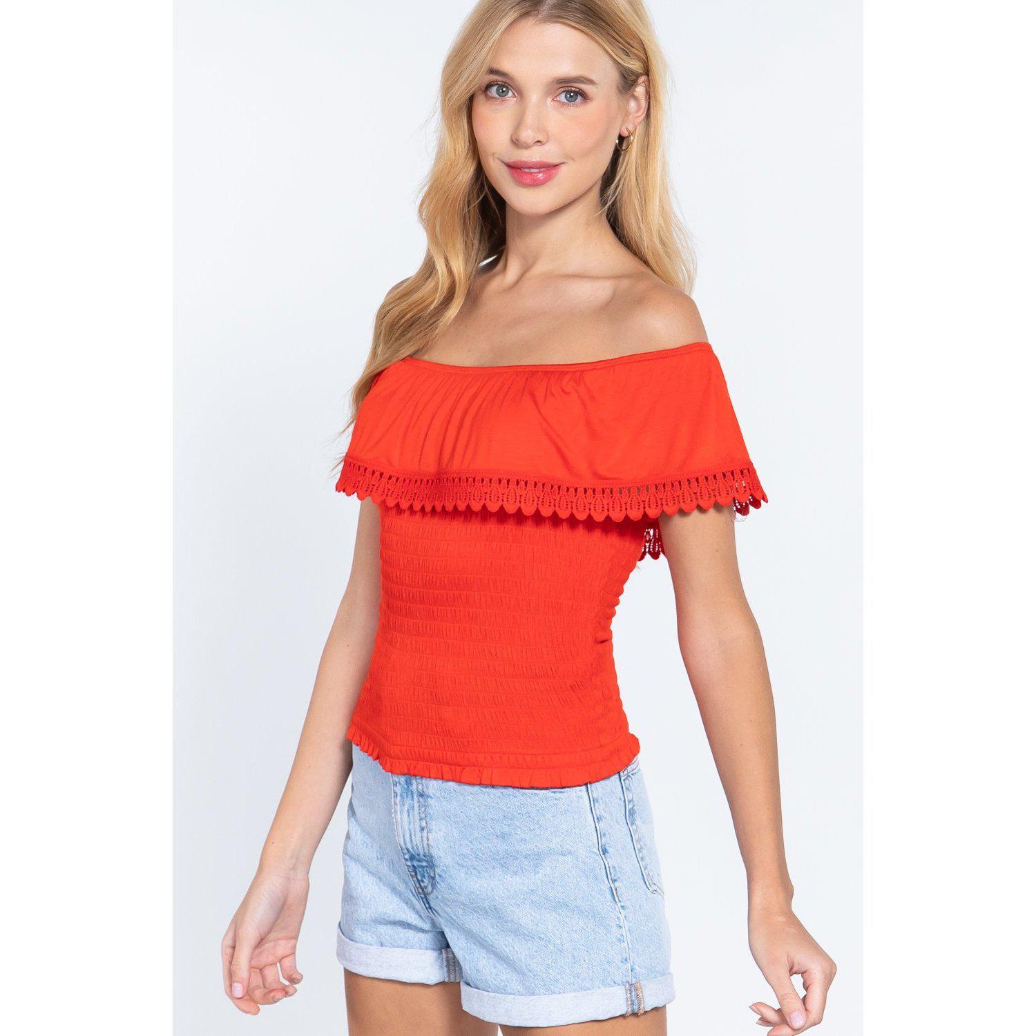 Off Shoulder W/lace Smocked Top-Clothing Tops-NXTLVLNYC