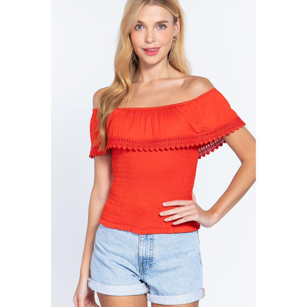 Off Shoulder W/lace Smocked Top-Clothing Tops-NXTLVLNYC