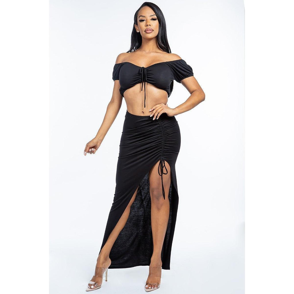 Solid Ruched Front Off The Shoulder Short Sleeve Cropped Top And Side Ruched Asymmetrical Skirt Two Piece Set-NXTLVLNYC