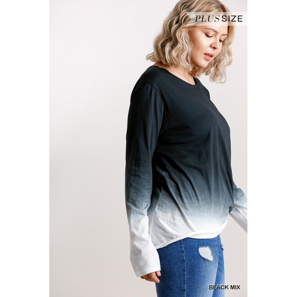 Ombre Print Long Sleeve Top With Gathered Front Detail And Raw Hem-Clothing Tops-NXTLVLNYC