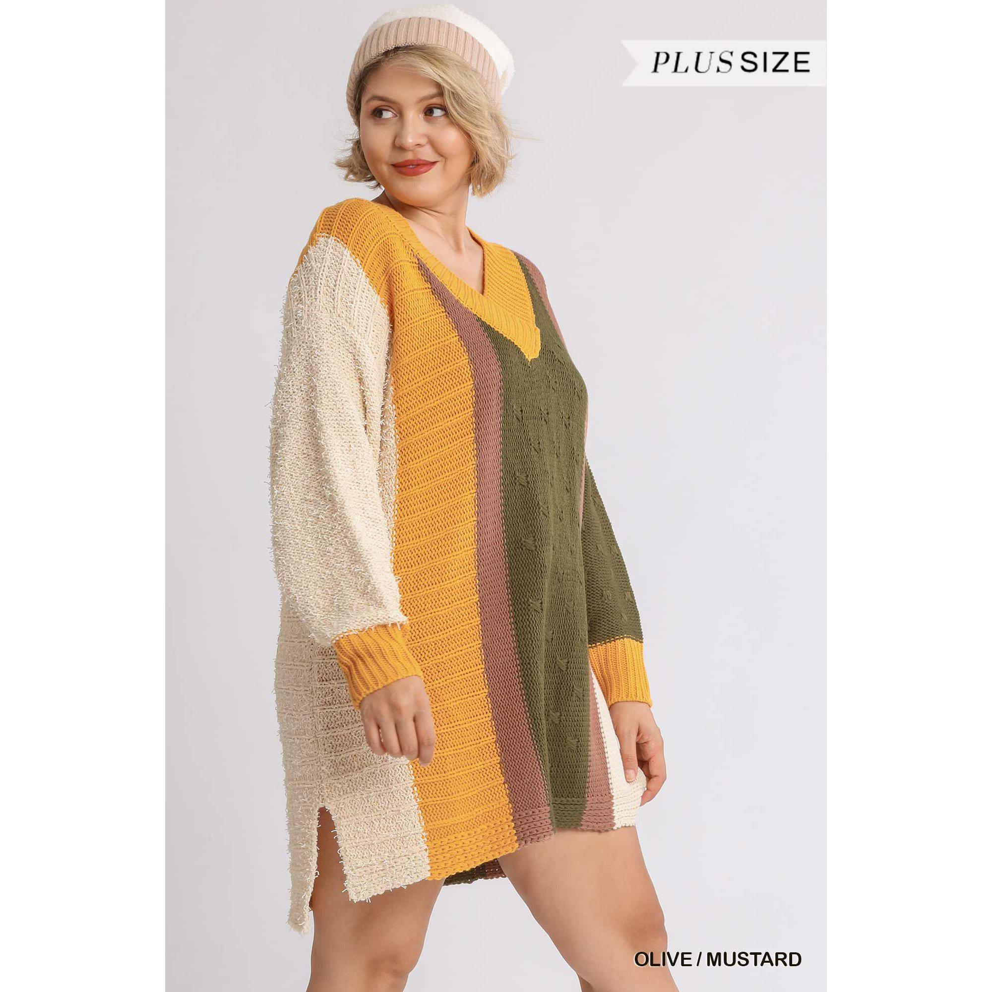 Oversized Multicolor Bouclé V-neck Pullover Sweater Dress With Side Slit-NXTLVLNYC