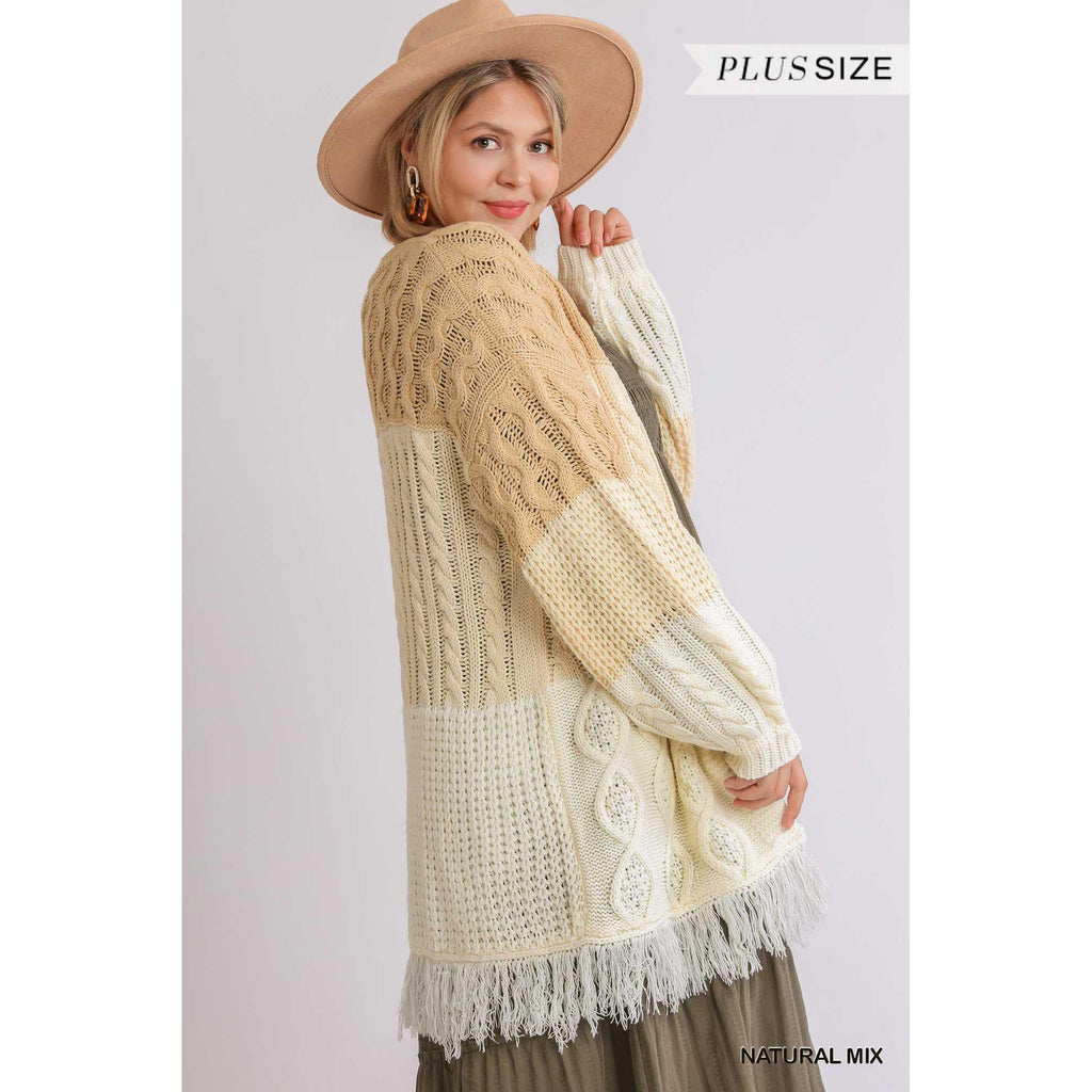 Patchwork Knitted Open Front Cardigan Sweater With Frayed Hem-NXTLVLNYC
