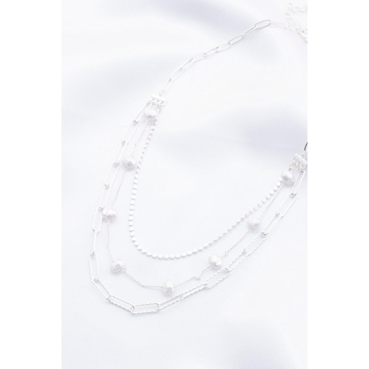 Pearl Beaded Oval Link Layered Necklace-NXTLVLNYC