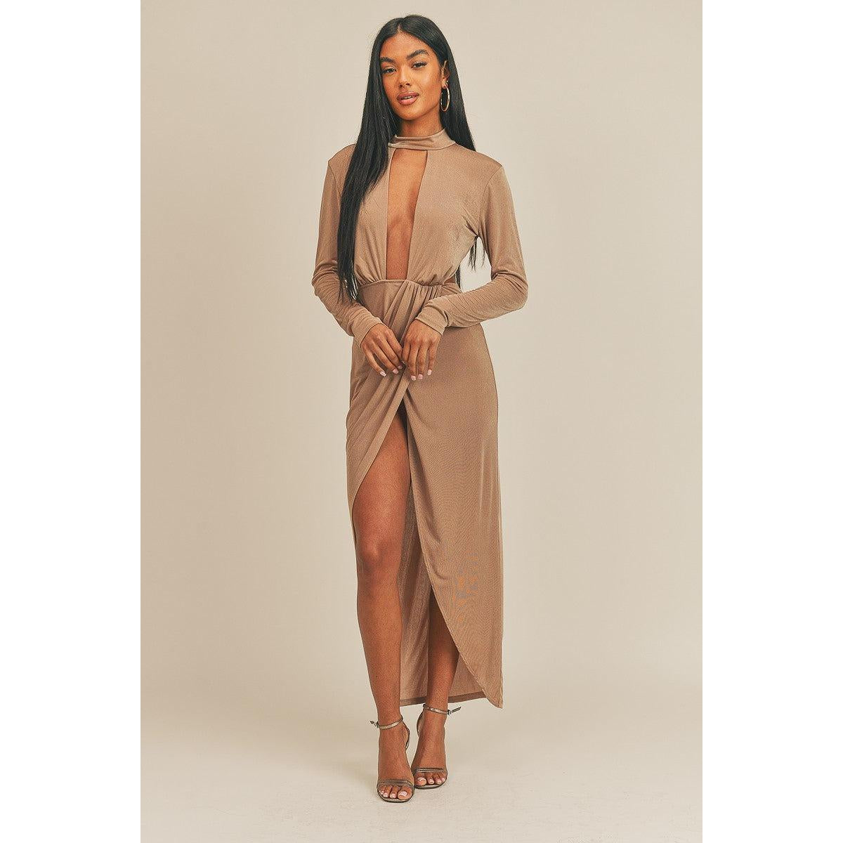 Pecan Brown Open Front Dress-NXTLVLNYC