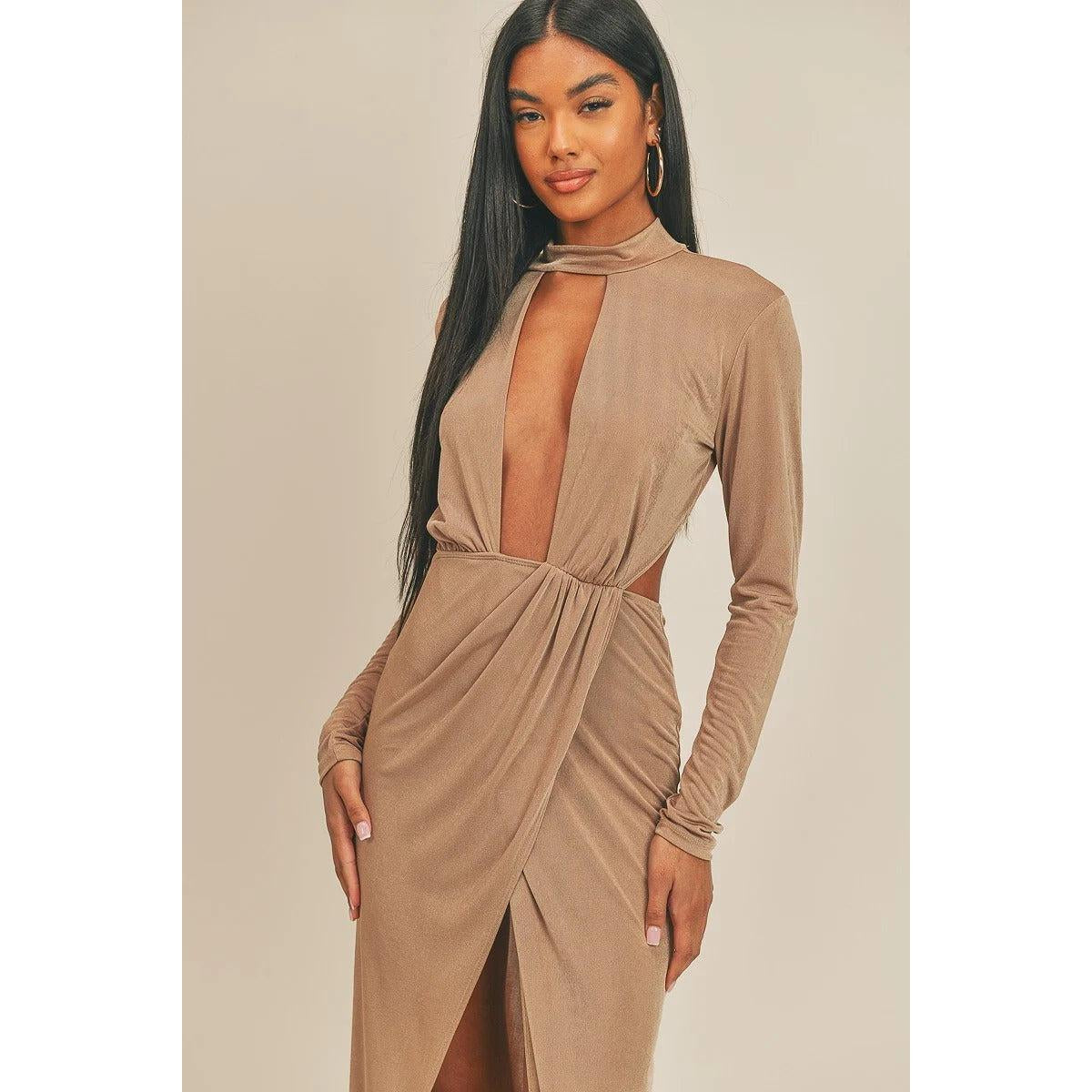 Pecan Brown Open Front Dress-NXTLVLNYC