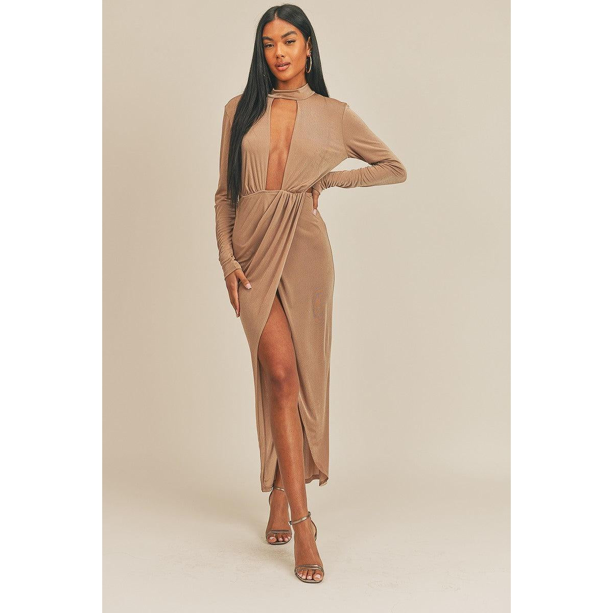 Pecan Brown Open Front Dress-NXTLVLNYC