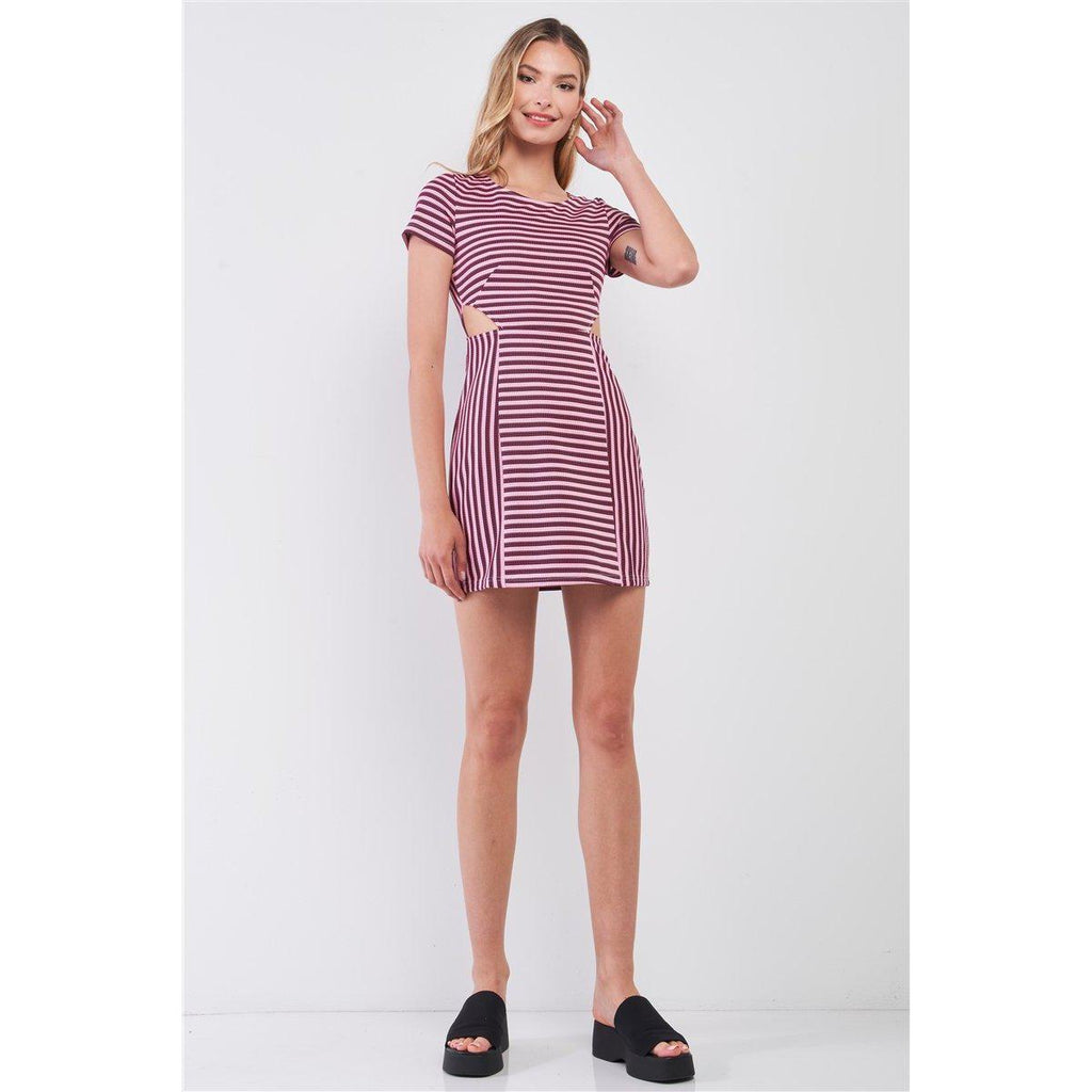 Pink & Black Striped Short Sleeve Cut-out Detail Tight Fit Mini Dress-NXTLVLNYC