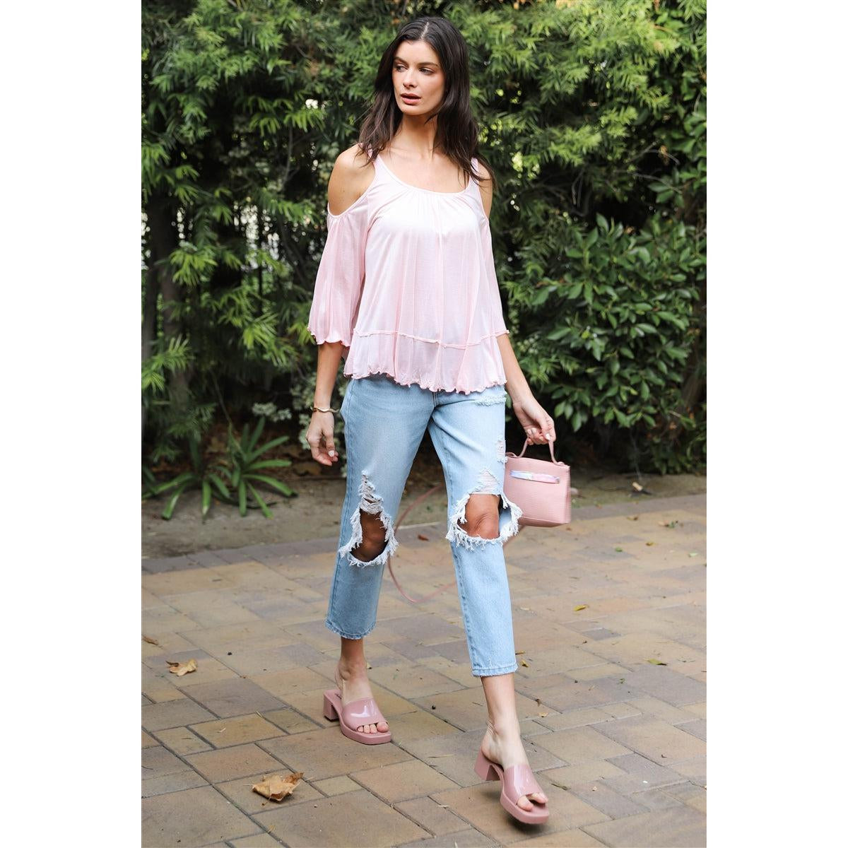 Pink Cold Shoulder Back Self-tie Detail Midi Sleeve Lettuce Edge Top-NXTLVLNYC