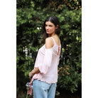 Pink Cold Shoulder Back Self-tie Detail Midi Sleeve Lettuce Edge Top-NXTLVLNYC