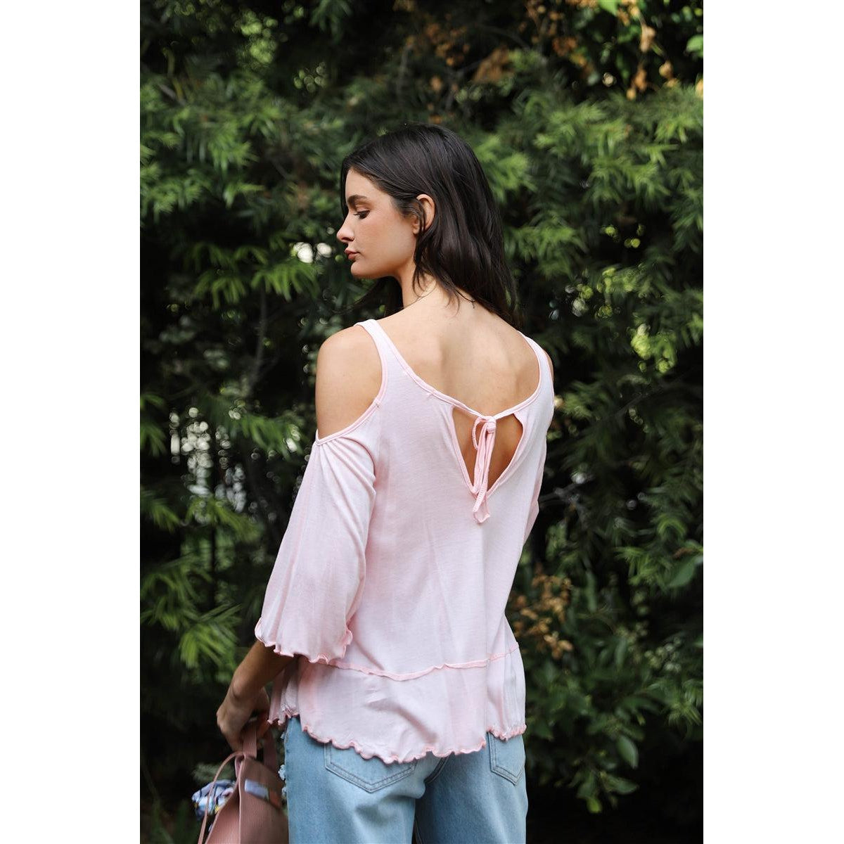 Pink Cold Shoulder Back Self-tie Detail Midi Sleeve Lettuce Edge Top-NXTLVLNYC