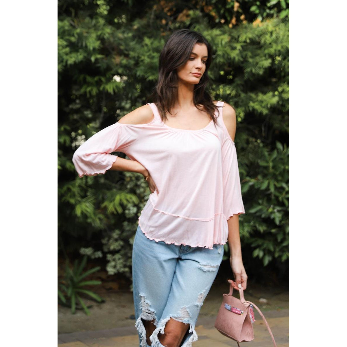 Pink Cold Shoulder Back Self-tie Detail Midi Sleeve Lettuce Edge Top-NXTLVLNYC