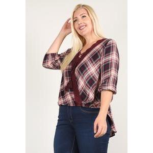 Plaid 3/4 Sleeve Top With Hi-lo Hem, V-neckline, And Relaxed Fit-Clothing Tops-NXTLVLNYC