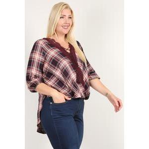 Plaid 3/4 Sleeve Top With Hi-lo Hem, V-neckline, And Relaxed Fit-Clothing Tops-NXTLVLNYC