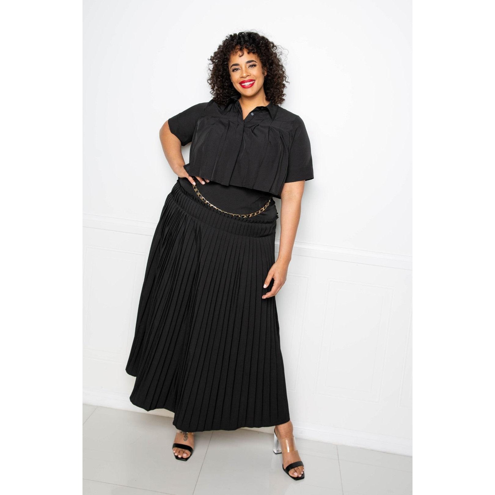 Pleated Cropped Shirt And Maxi Skirt Set-NXTLVLNYC