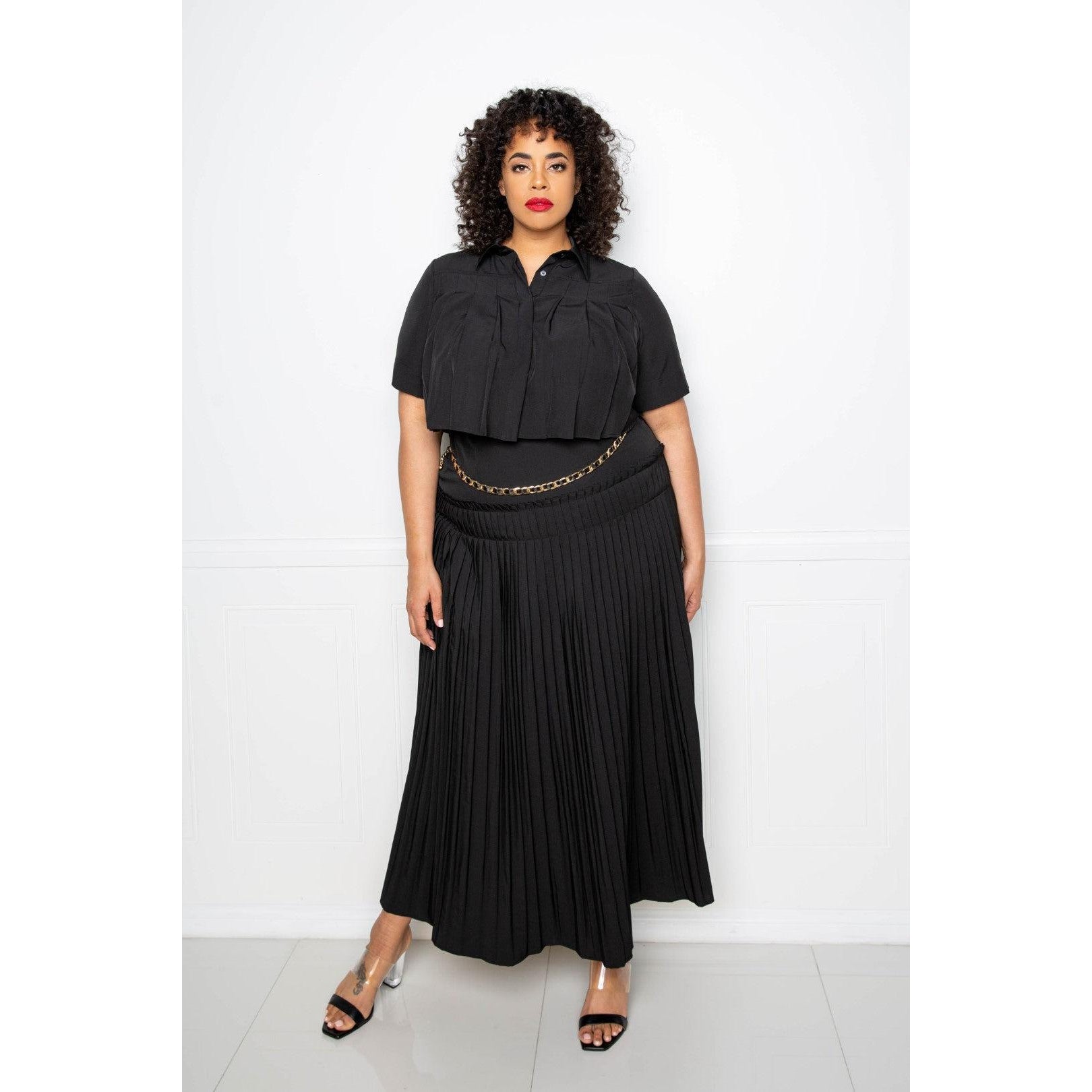 Pleated Cropped Shirt And Maxi Skirt Set-NXTLVLNYC