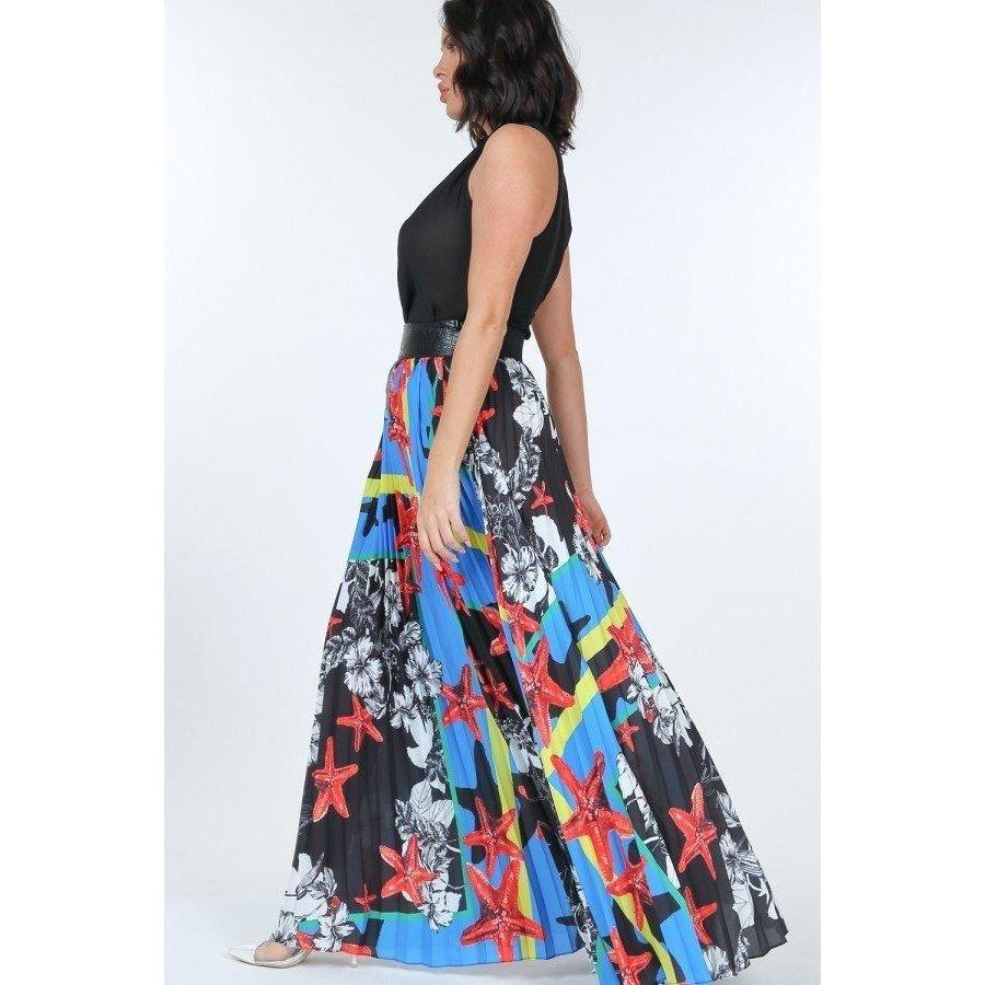 Pleated Print Maxi Skirt With Leather Waist Band-Clothing Dresses-NXTLVLNYC