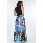 Pleated Print Maxi Skirt With Leather Waist Band-Clothing Dresses-NXTLVLNYC