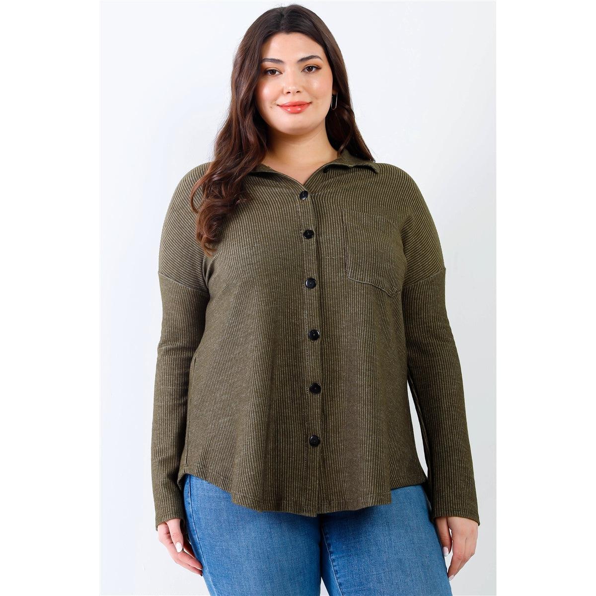 Plus Black Ribbed Collared Button Up Shirt Top-NXTLVLNYC