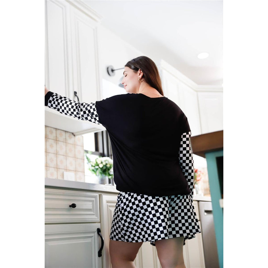 Plus Black & White Checkboard Pattern Long Sleeve Top & Shorts Set-NXTLVLNYC