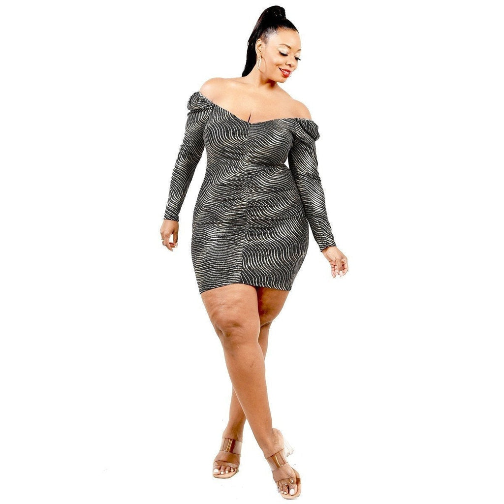 Plus Foil & Glitter Wavy Print Mini Dress-NXTLVLNYC
