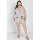 Plus Grey Button-up Collared Neck Blazer High Waist Shorts Set-NXTLVLNYC