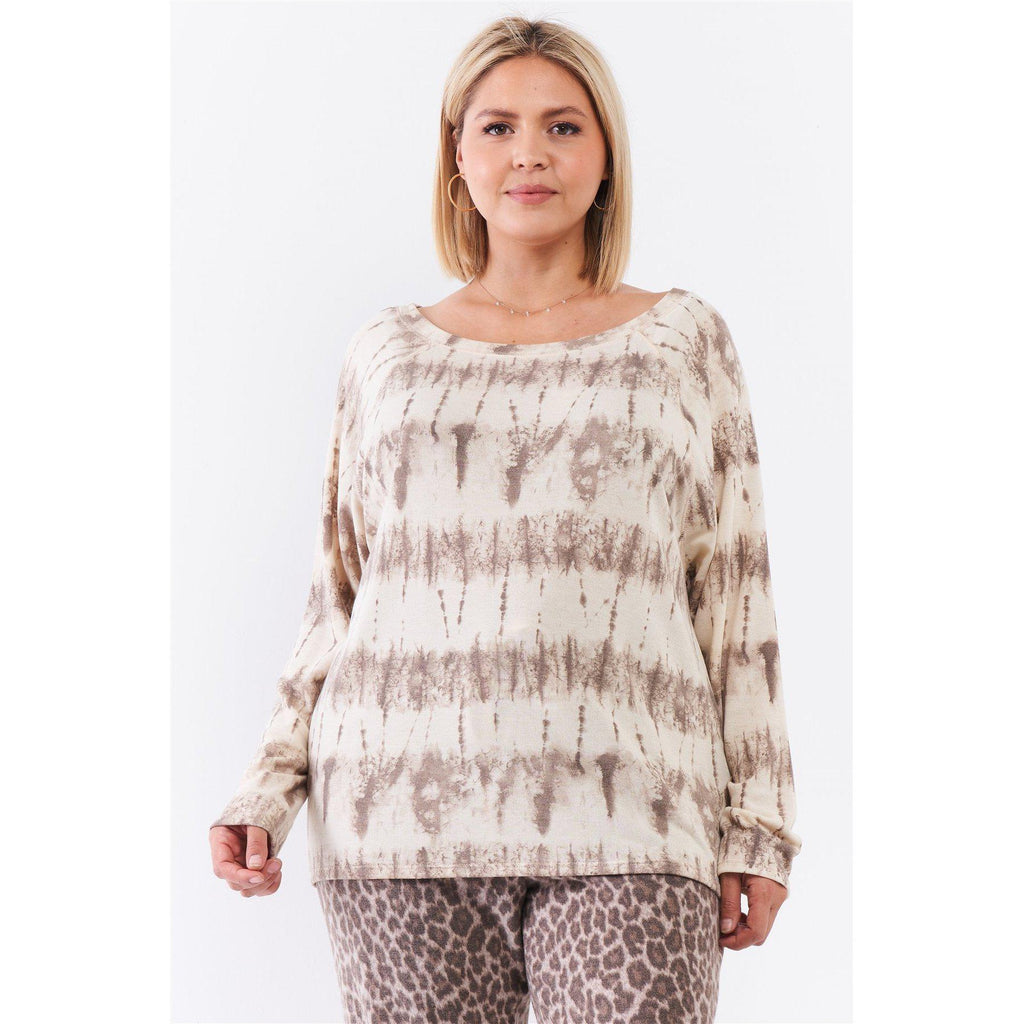 Plus Ivory Acid Wash Print Bateau Neck Relaxed Fit Long Sleeve Top-Clothing Tops-NXTLVLNYC