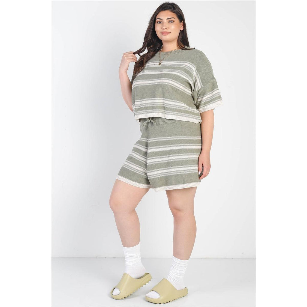Plus Olive Striped Knit Short Sleeve Crop Top High Waist Shorts Set-NXTLVLNYC