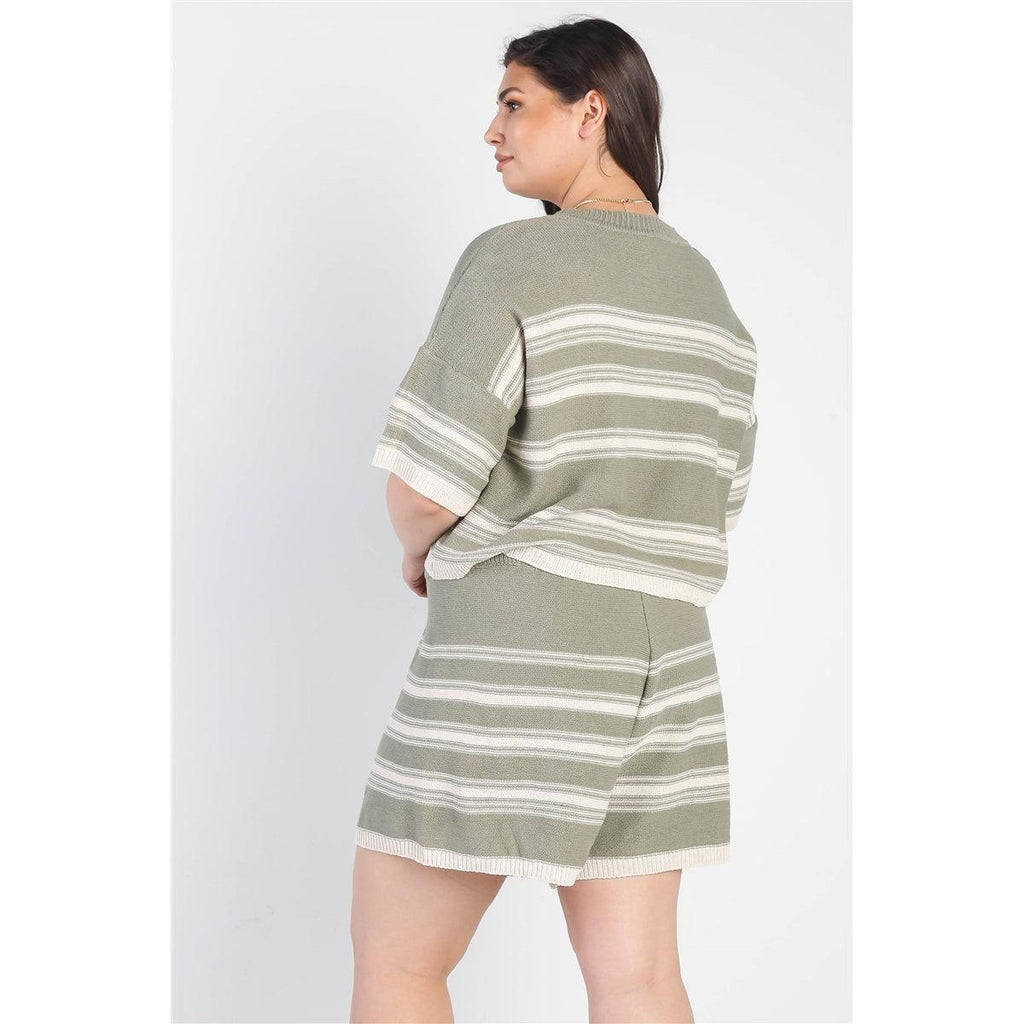 Plus Olive Striped Knit Short Sleeve Crop Top High Waist Shorts Set-NXTLVLNYC